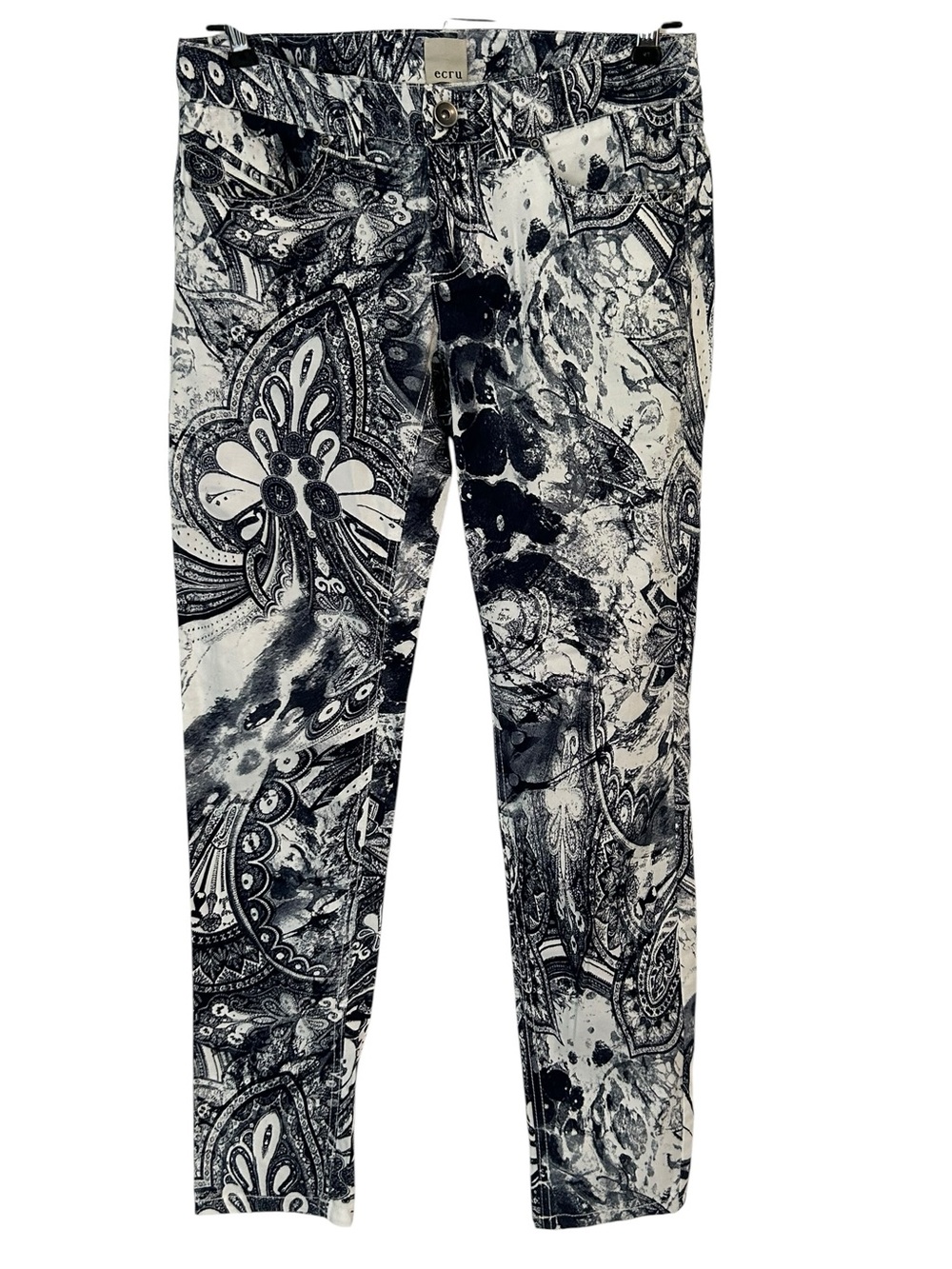 Ecru Slim Straight Light Pants Womens 00 Blue White Paisley Boho Cotton Blend